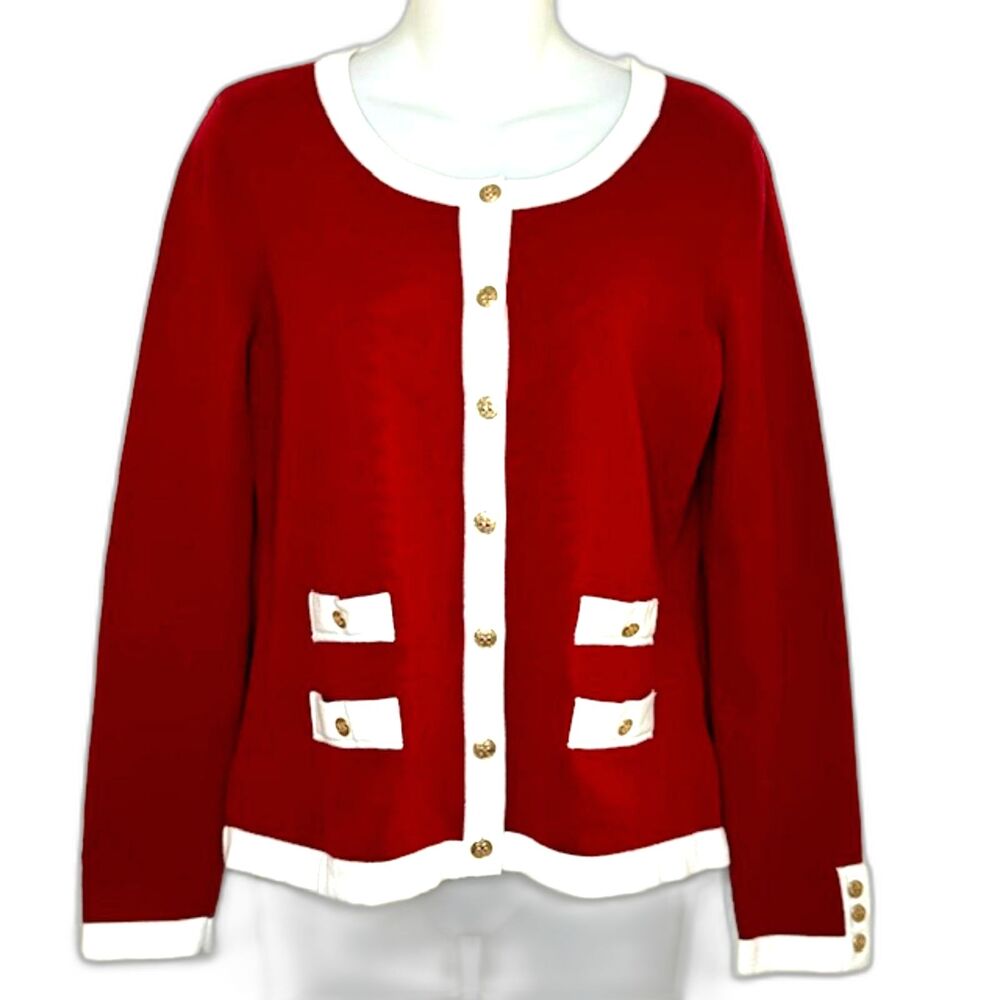 PENDLETON RED & OFF WHITE COTTON SWEATER SIZE M GOLD BUTTONS *SEE DESCRIPTION*